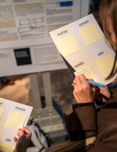 Deelnemers vullen brainstormformulieren in met ideeën, zorgen en kansen voor Baan 159–163 tijdens een interactieve sessie van de PizzaBuurtavond.