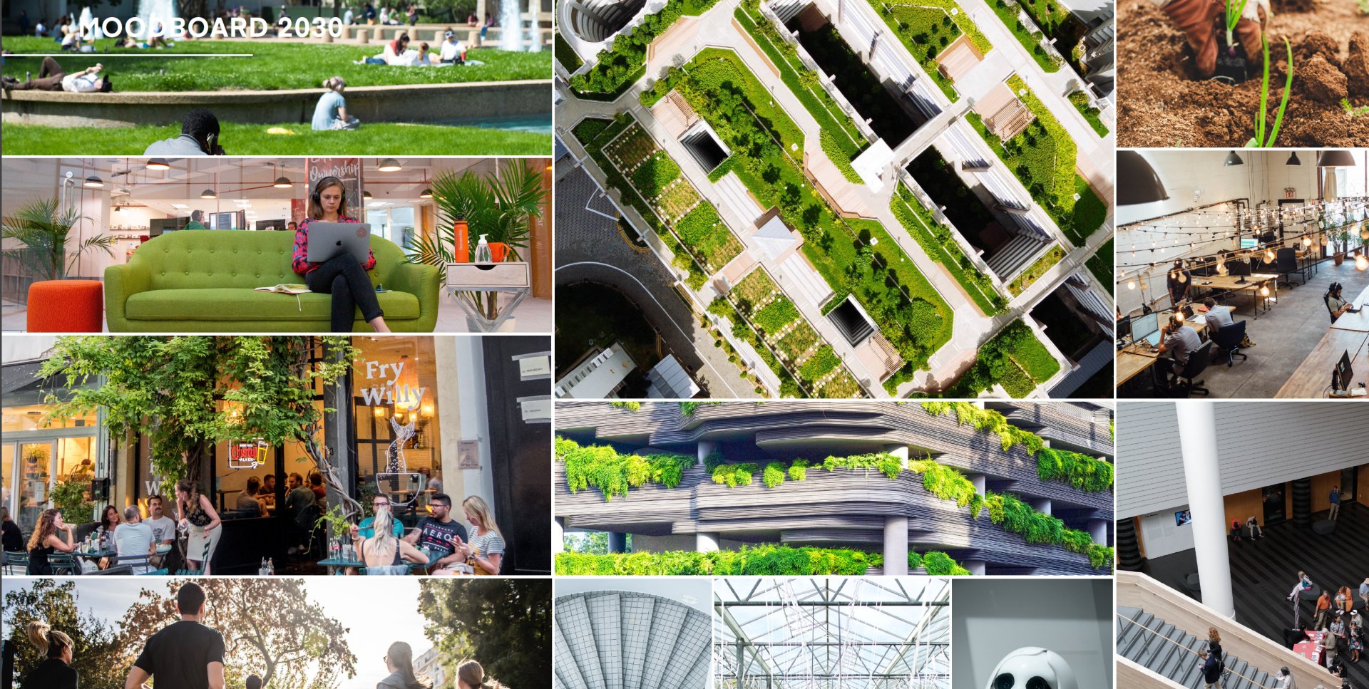 Moodboard 2030 met inspirerende beelden van groen wonen, werken en ontmoeten, als visuele toekomstvisie voor Terra Park Groningen.