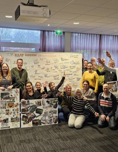 Groepsfoto van deelnemers aan ontwerpsessie voor Kaap Doorn, met visuele presentaties en gedeelde toekomstvisies op de achtergrond.